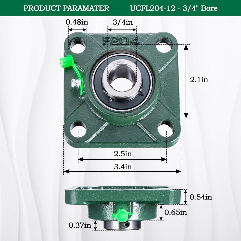SHINICO Pillow Block Bearing 3/4 inch Shaft Bore, Square Flange Mounted UCF204-12 Solid Cast Iron Base, Swamp Cooler Parts, Self-Aligning, 2Pack - Image 2